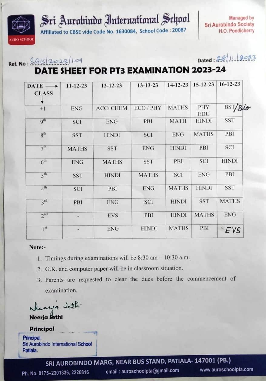 Datesheet For Pt3 Examination 2023 24