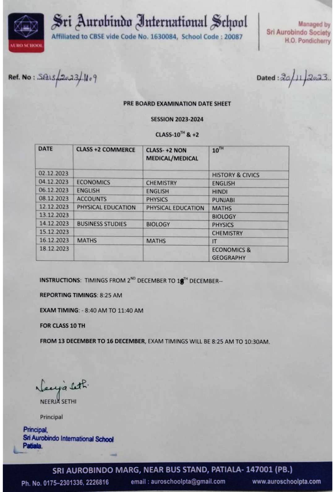 Pre Board Datesheet Of Class 10th & 12th